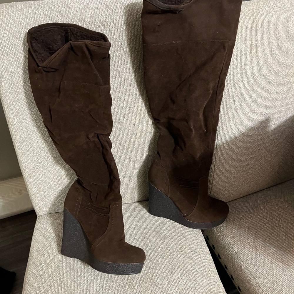 Brown wedge high boots with size 8